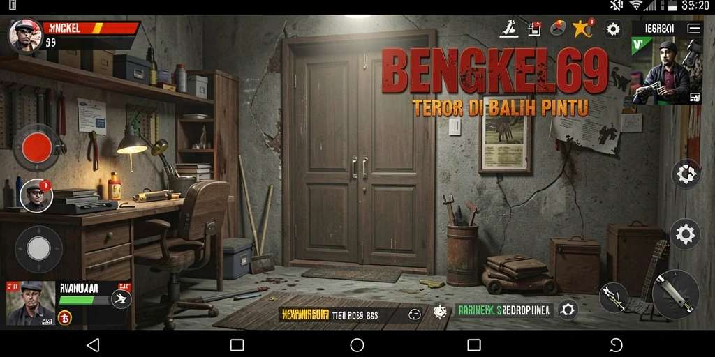 Screenshot menampilkan karakter utama berlari dari hantu di bengkel yang gelap.