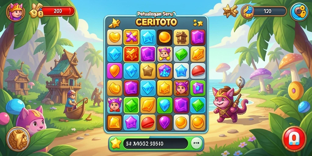 Screenshot gameplay CERITOTO menunjukkan kombinasi seru item Match-3.