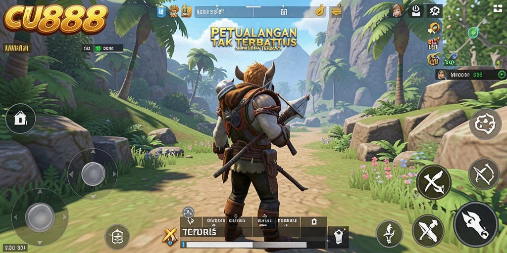 Screenshot gameplay CU888 menampilkan eksplorasi dunia yang luas dan interaksi karakter.
