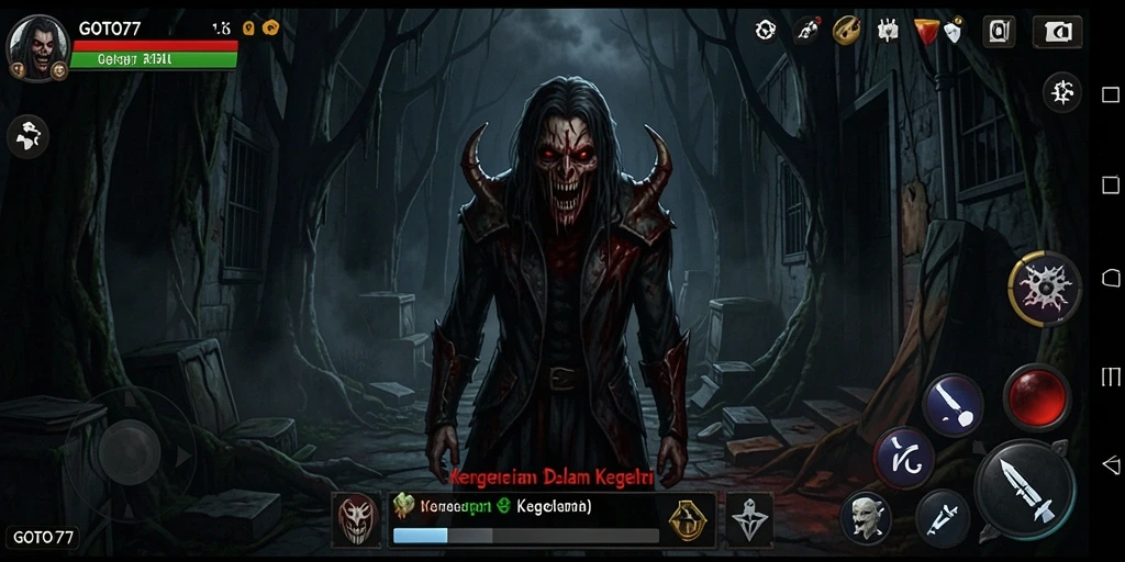 Menampilkan gameplay GOTO77 dengan suasana horor yang mencekam.