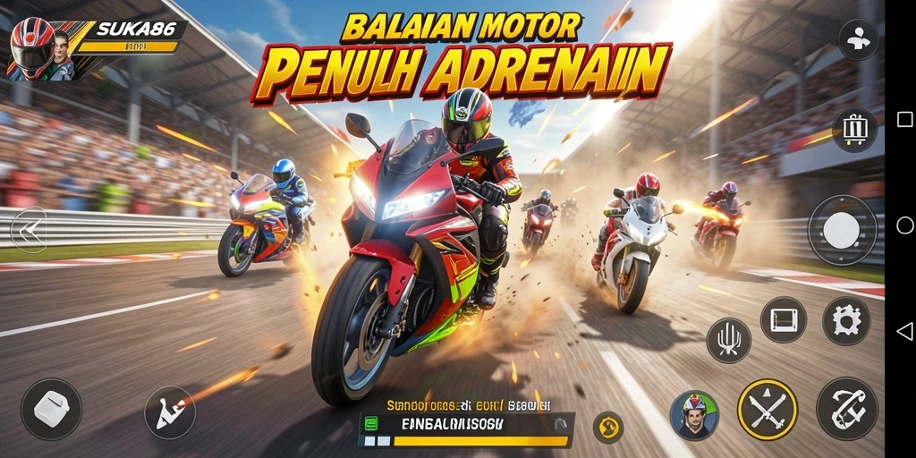 Screenshot gameplay <strong>SUKA86</strong> menampilkan momen balapan yang mendebarkan.