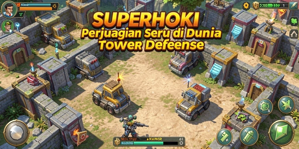 Tangkapan layar gameplay SUPERHOKI menampilkan menara dan musuh yang strategis.
