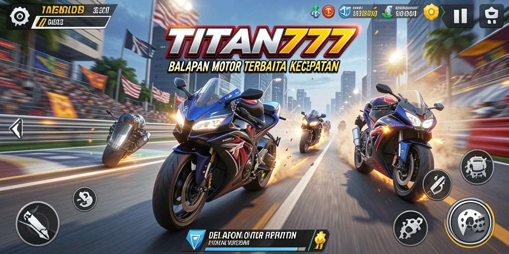 Tampilan gameplay TITAN777 dengan aksi balap motor yang mendebarkan.