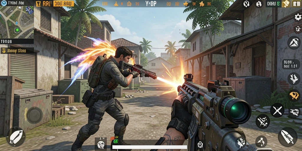 Screenshot gameplay YYRR yang menampilkan aksi tembak-menembak seru.